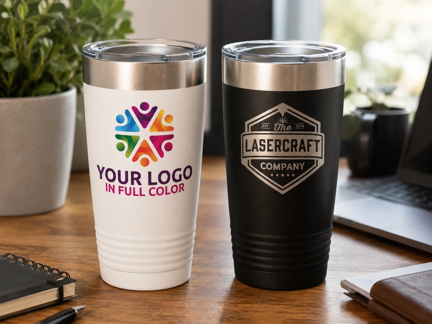 A white tumbler printed with a full-color logo beside a black engraved tumbler