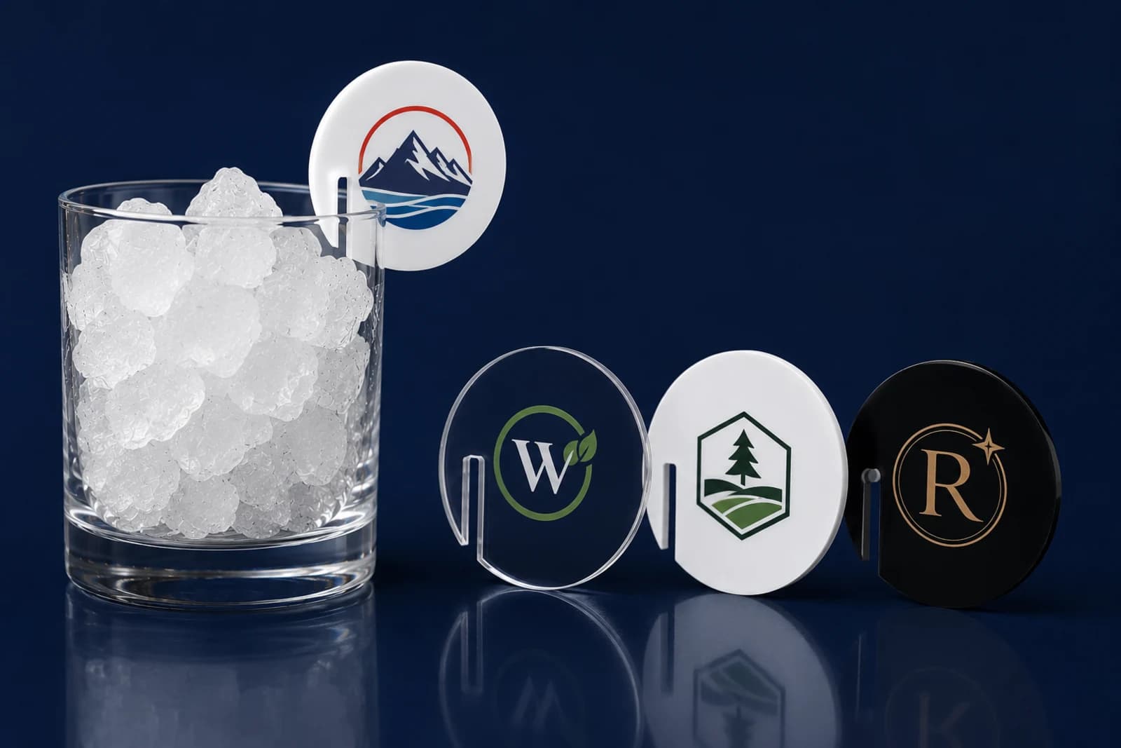 Custom UV-printed acrylic drink tags around a rocks glass