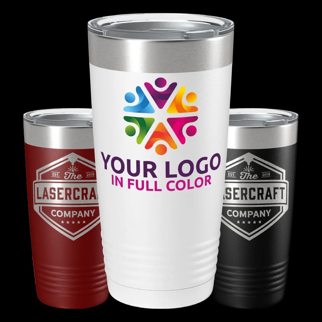 Custom engraved corporate holiday gifts including tumblers and branded drinkware