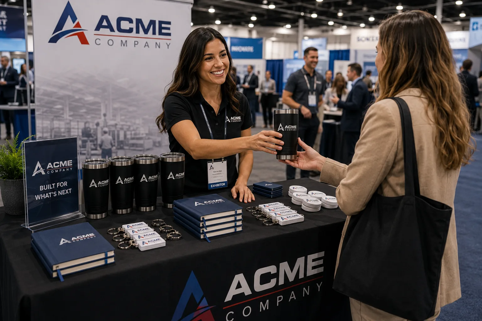 Trade show and event swag — branded merchandise for conferences and booths