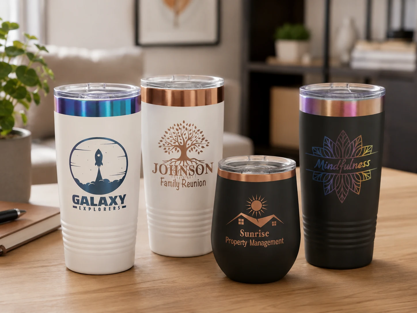 Custom ion-plated engraved tumblers — Bright Gold, Rose Gold, Ghost Black and Prism finishes